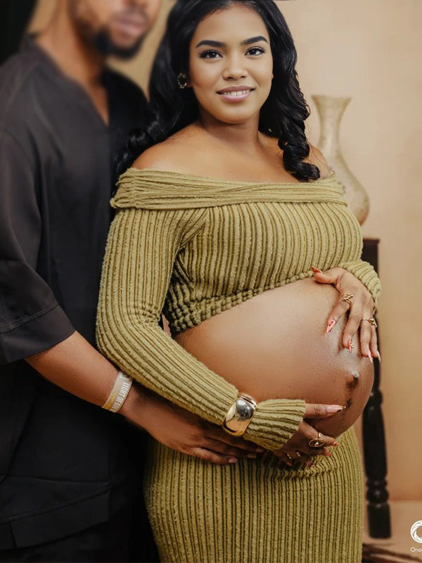 Momnfancy 2-in-1 Cut-out Knitted Boat Neck Maternity Maxi Dress