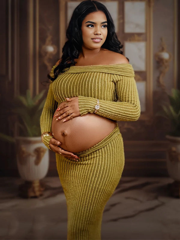 Momnfancy 2-in-1 Cut-out Knitted Boat Neck Maternity Maxi Dress