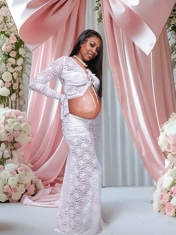 Momnfancy 2-in-1 Lace Flare Sleeve Sheer Maternity Maxi Dress