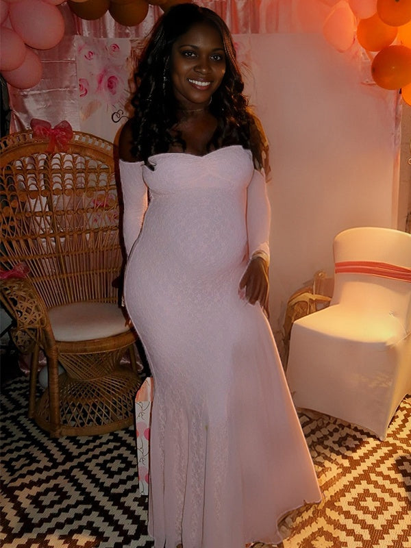 Momnfancy Boat Neck Bodycon Lace Mermaid Maternity Maxi Dress