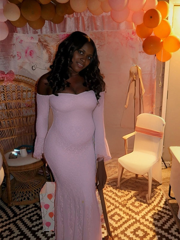 Momnfancy Boat Neck Bodycon Lace Mermaid Maternity Maxi Dress
