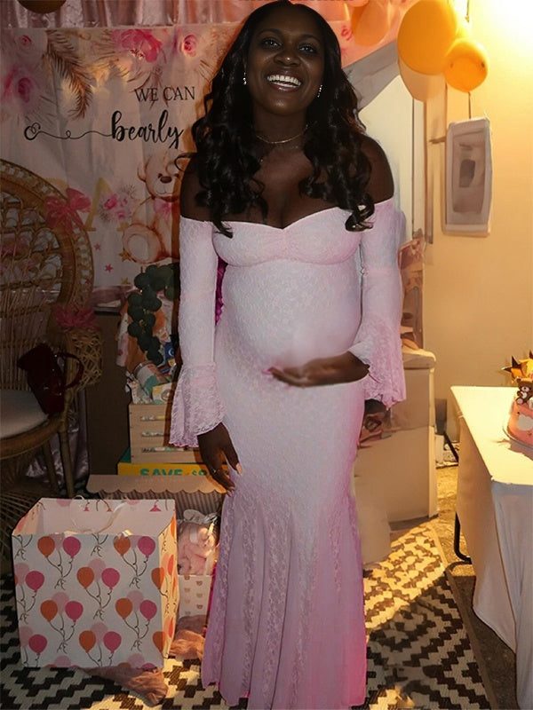 Momnfancy Boat Neck Bodycon Lace Mermaid Maternity Maxi Dress