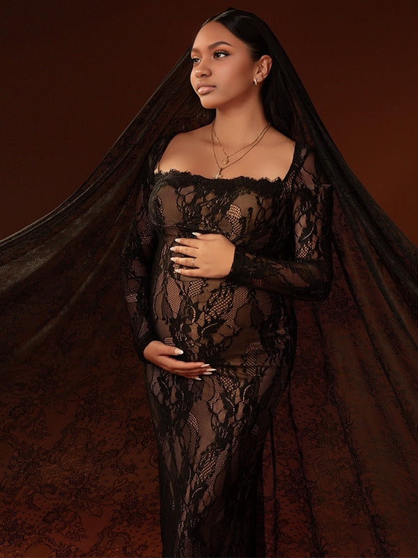 Momnfancy Square Neck Lace Splicing Bodycon Maternity Maxi Dress