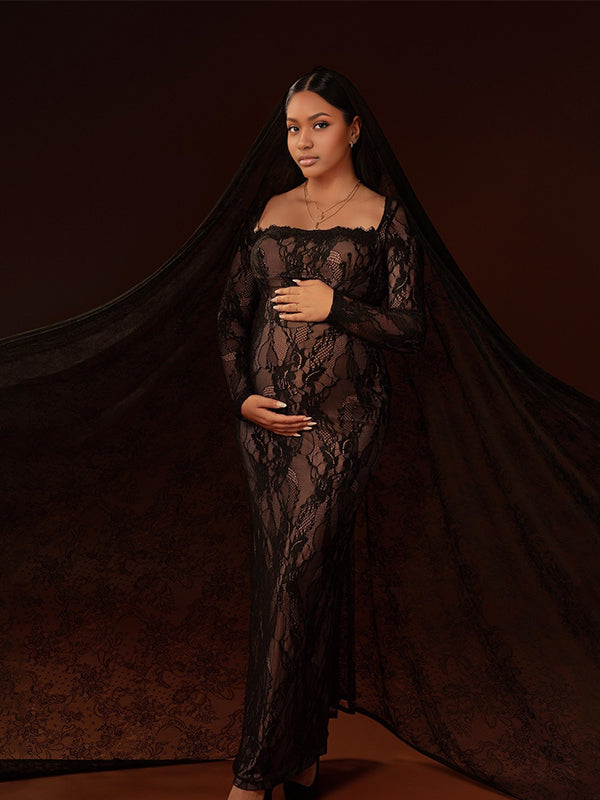 Momnfancy Square Neck Lace Splicing Bodycon Maternity Maxi Dress