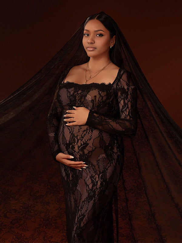 Momnfancy Square Neck Lace Splicing Bodycon Maternity Maxi Dress