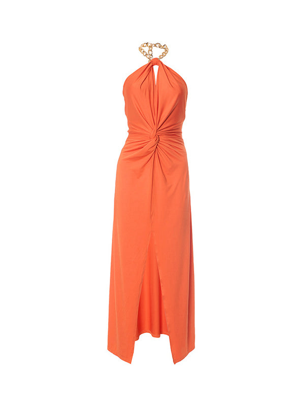 Momnfancy Halter Neck Chain Bodycon Side Slit Open Back Maternity Maxi Dress