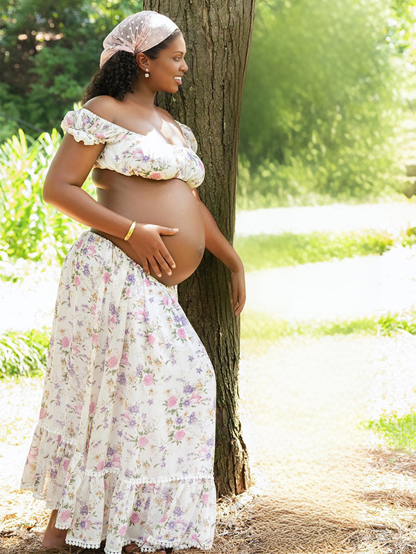 Momnfancy 2-in-1 Boat Neck Crop Print Photoshoot Maternity Maxi Dress