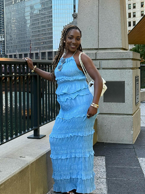 Momnfancy 2-in-1 Open Back Ruched Lace-up Ruffle Maternity Maxi Dress