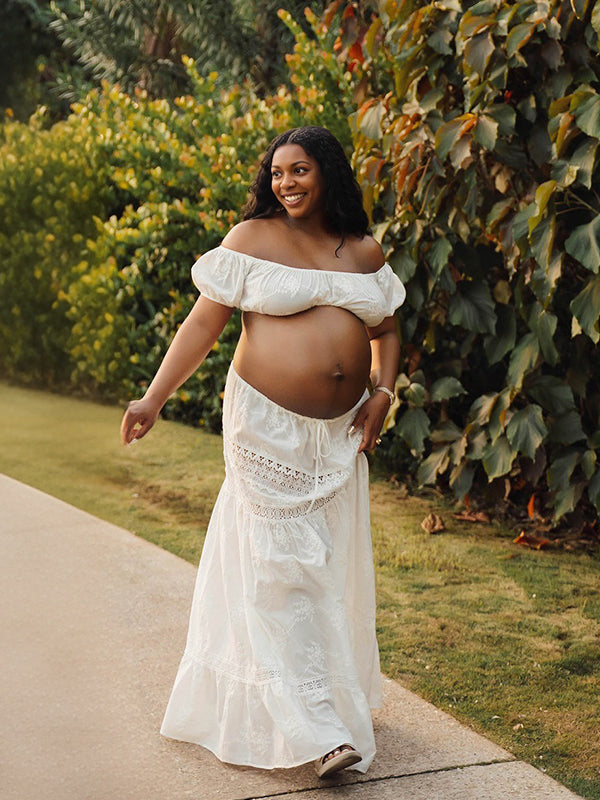 Momnfancy 2-in-1 Lace Splicing Puff Sleeve Crop Maternity Maxi Dress