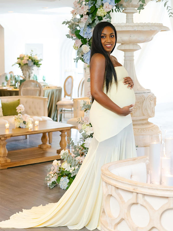 Momnfancy Tube Top Bodycon Trailing Sheer Maternity Maxi Dress