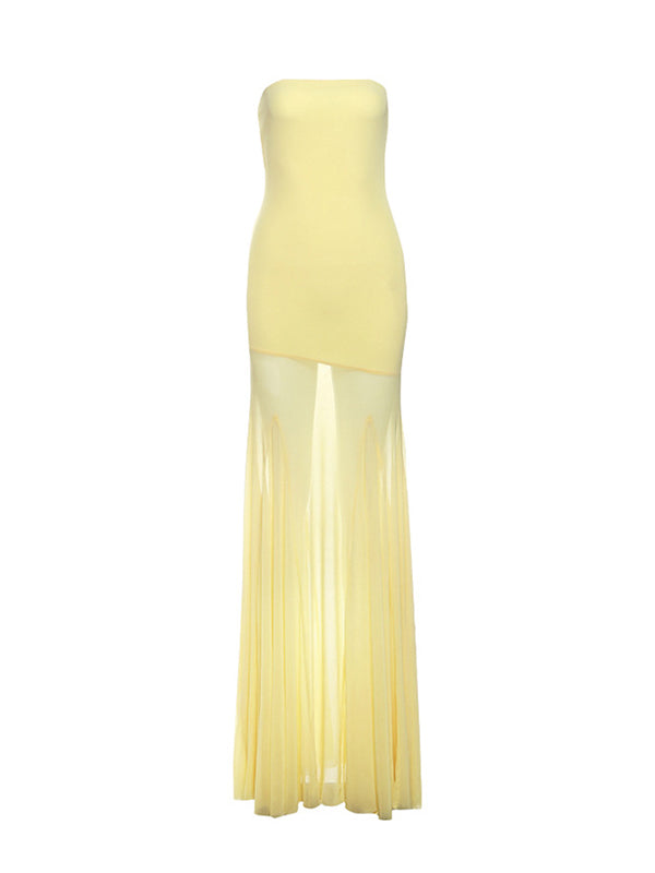 Momnfancy Tube Top Bodycon Trailing Sheer Maternity Maxi Dress