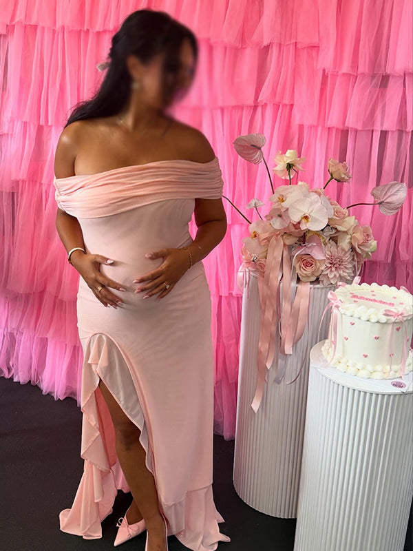 Momnfancy Boat Neck Side Slit Falbala Bodycon Maternity Maxi Dress