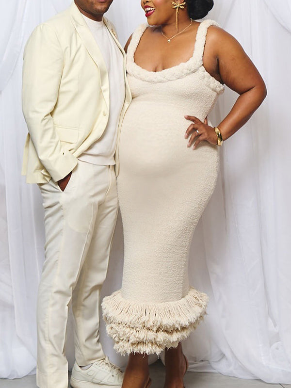 Momnfancy Spaghetti Strap Tassel Bodycon Maternity Maxi Dress