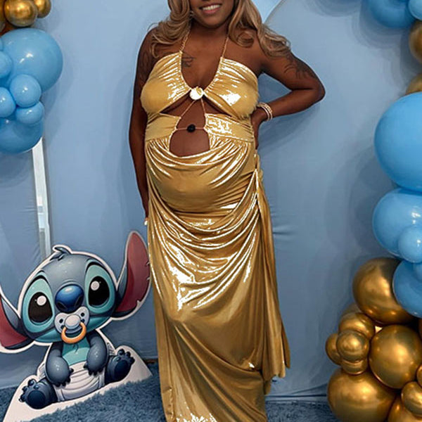 Momnfancy Halter Neck Backless Chain Cut Out Ruched Bodycon Plus Size Evening Gown Party Maternity Maxi Dress