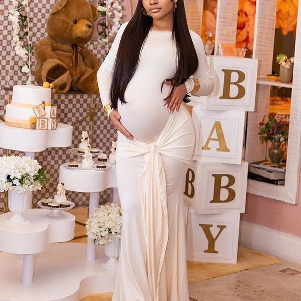 Momnfancy Apricot Ruched Draped Bodycon Long Sleeve Baby Shower Maternity Maxi Dress