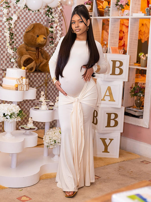 Momnfancy Apricot Ruched Draped Bodycon Long Sleeve Baby Shower Maternity Maxi Dress
