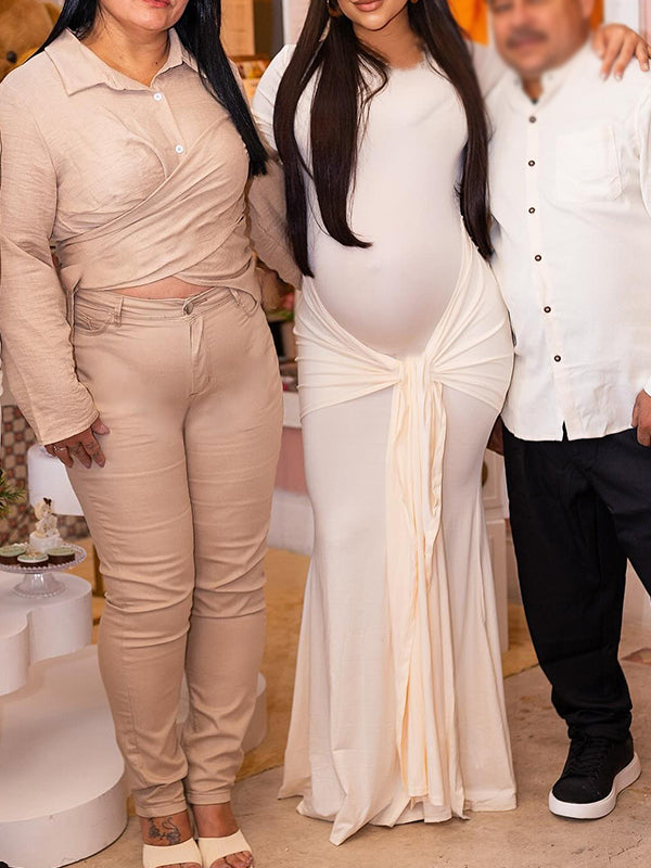 Momnfancy Apricot Ruched Draped Bodycon Long Sleeve Baby Shower Maternity Maxi Dress