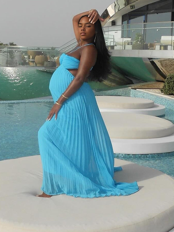 Momnfancy Halter Neck Pleated Backless Cut Out Back Tie Photoshoot Maternity Maxi Dress