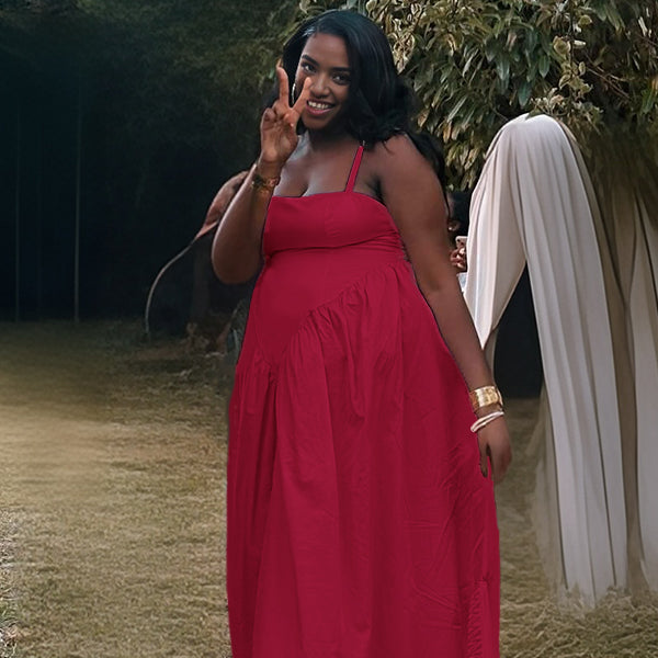 Momnfancy Square Neck Spaghetti Strap Big Swing Maternity Maxi Dress