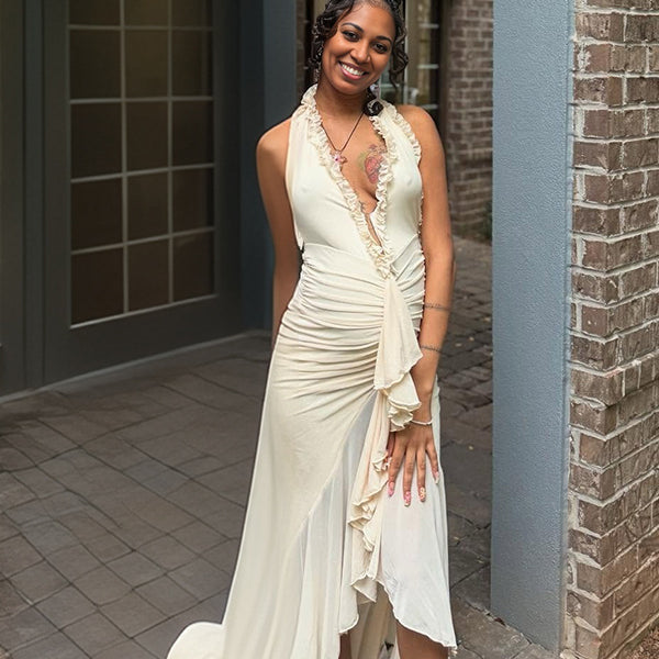 Momnfancy Halter Neck Plunging Neckline Falbala Side Slit Maternity Maxi Dress