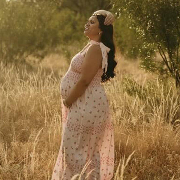 Momnfancy Print Spaghetti Strap Bodycon Falbala Maternity Maxi Dress