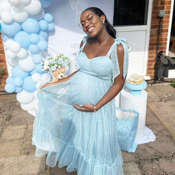 Momnfancy Spaghetti Strap Fluffy Tulle Tube Top Bowknot Maternity Maxi Dress