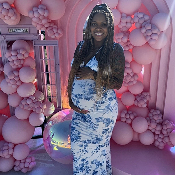 Momnfancy Porcelain Print Mermaid Bodycon Tube Top Maternity Maxi Dress