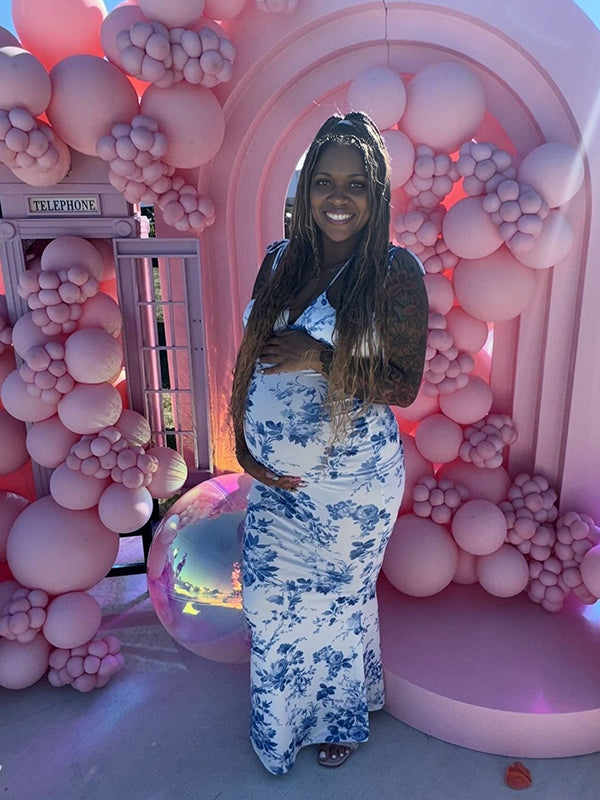 Momnfancy Porcelain Print Mermaid Bodycon Tube Top Maternity Maxi Dress