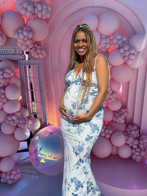 Momnfancy Porcelain Print Mermaid Bodycon Tube Top Maternity Maxi Dress