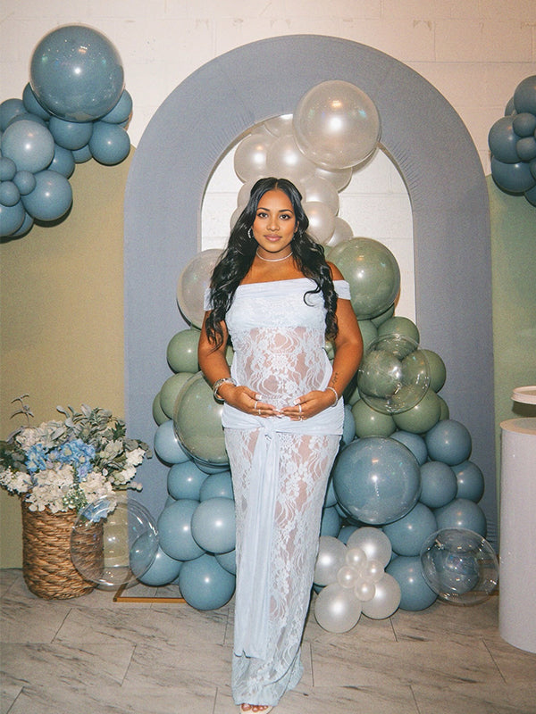 Momnfancy Boat Neck Mermaid Bodycon Lace-up Lace Off-shoulder Maternity Maxi Dress
