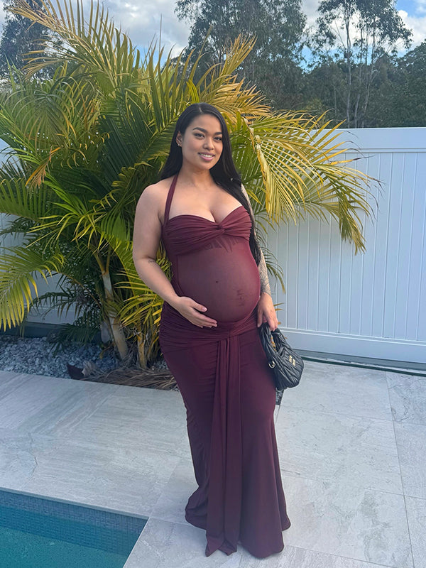 Momnfancy Halter Neck Mermaid Bodycon Sheer Ruched Maternity Maxi Dress