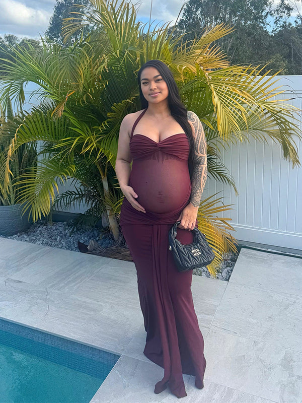 Momnfancy Halter Neck Mermaid Bodycon Sheer Ruched Maternity Maxi Dress