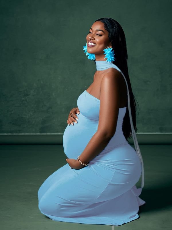 Momnfancy Halter Neck Mermaid Bodycon Tube Top Maternity Maxi Dress