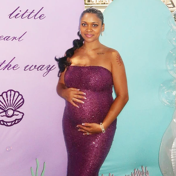 Momnfancy Tube Top Open Back Sparkly Mermaid Maternity Maxi Dress