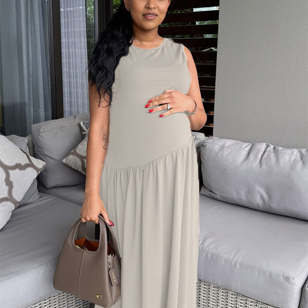 Momnfancy Waist-cinching Ruched Big Swing Maternity Maxi Dress