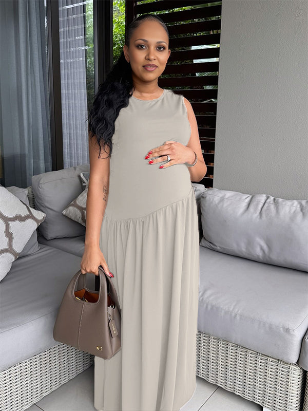 Momnfancy Waist-cinching Ruched Big Swing Maternity Maxi Dress
