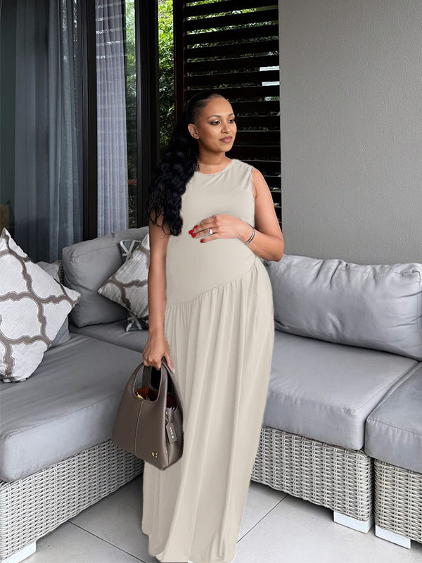 Momnfancy Waist-cinching Ruched Big Swing Maternity Maxi Dress