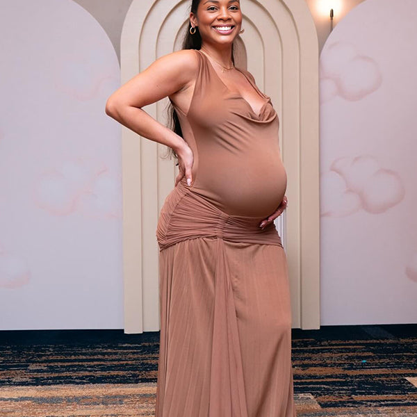 Momnfancy Ruched Bodycon Splicing Tulle Maternity Maxi Dress