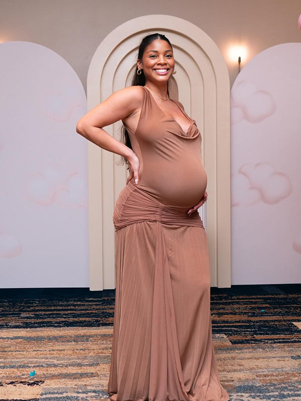 Momnfancy Ruched Bodycon Splicing Tulle Maternity Maxi Dress