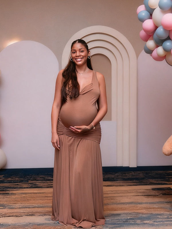 Momnfancy Ruched Bodycon Splicing Tulle Maternity Maxi Dress