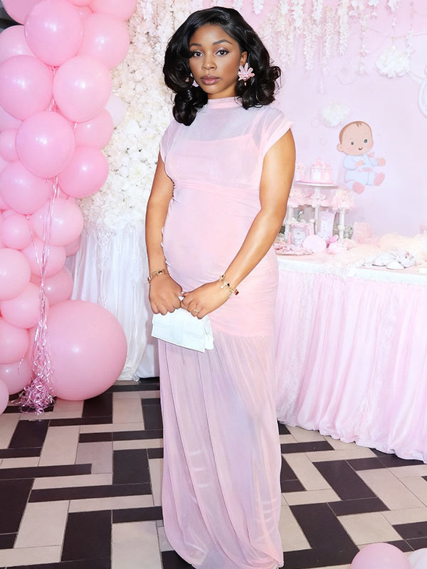 Momnfancy Waist-cinching Ruched Big Swing Tulle Maternity Maxi Dress