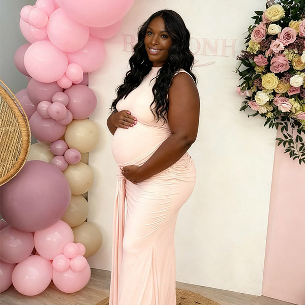 Momnfancy Open Back Bodycon Mermaid Ruched Maternity Maxi Dress