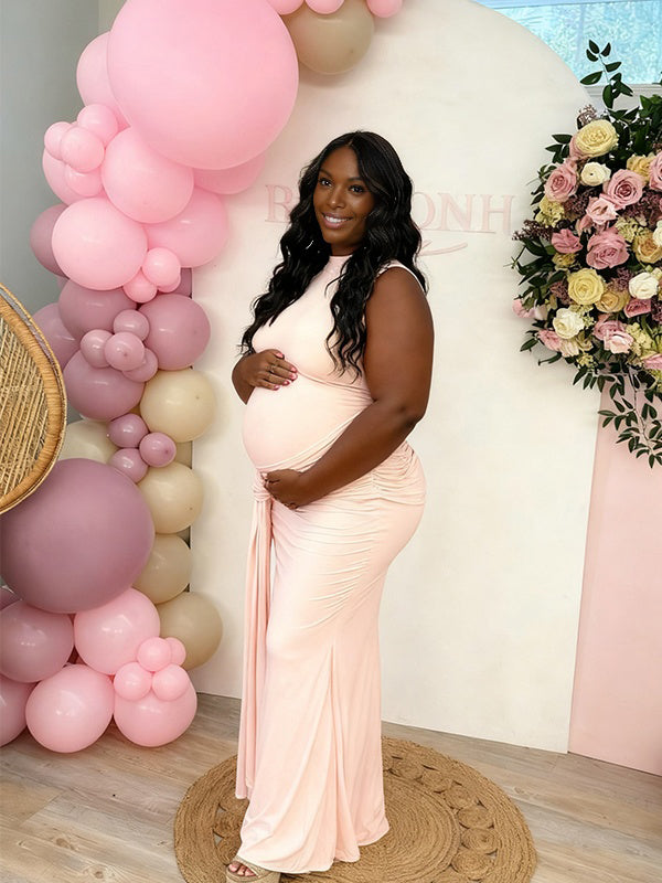 Momnfancy Open Back Bodycon Mermaid Ruched Maternity Maxi Dress