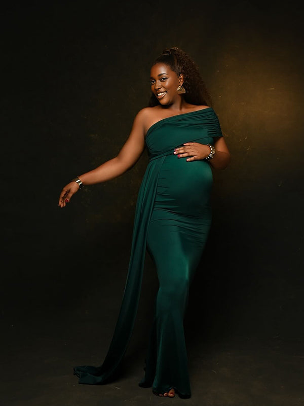 Momnfancy Oblique Shoulder Splicing Trailing Mermaid Maternity Maxi Dress