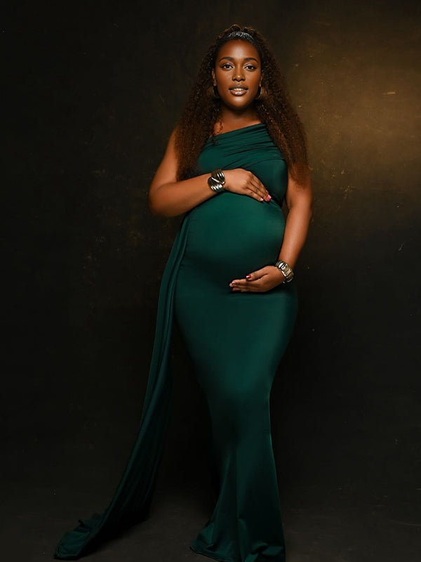 Momnfancy Oblique Shoulder Splicing Trailing Mermaid Maternity Maxi Dress