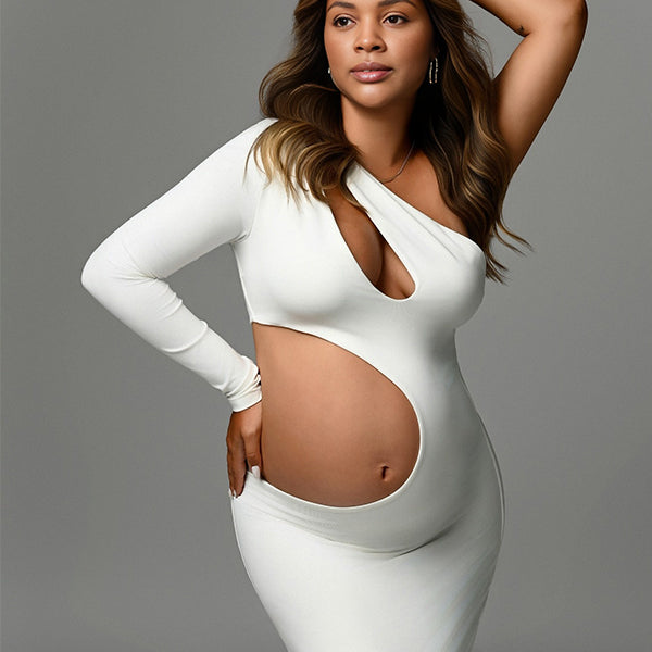 Momnfancy Oblique Shoulder Cut-out Bodycon Splicing Maternity Maxi Dress