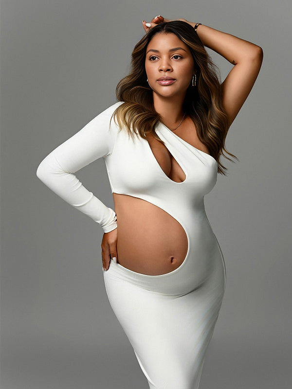 Momnfancy Oblique Shoulder Cut-out Bodycon Splicing Maternity Maxi Dress