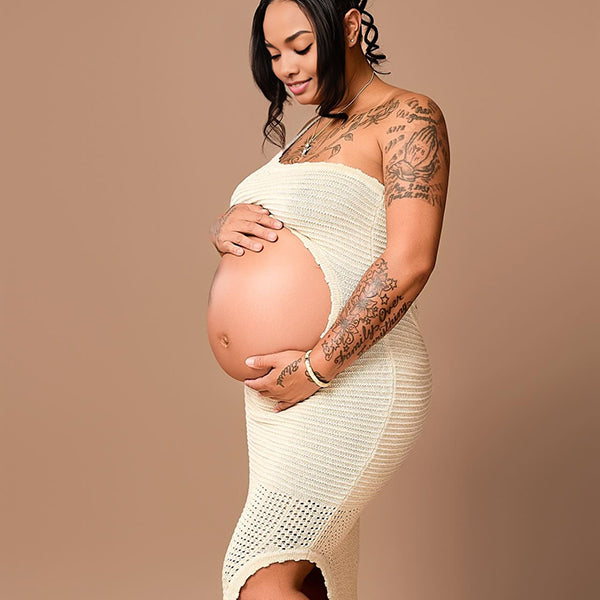 Momnfancy Oblique Shoulder Cut-out Knitted Side Slit Maternity Maxi Dress