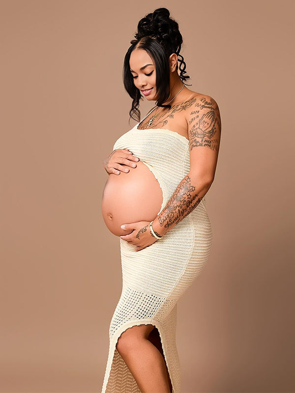 Momnfancy Oblique Shoulder Cut-out Knitted Side Slit Maternity Maxi Dress
