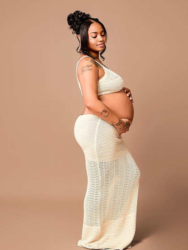 Momnfancy Oblique Shoulder Cut-out Knitted Side Slit Maternity Maxi Dress